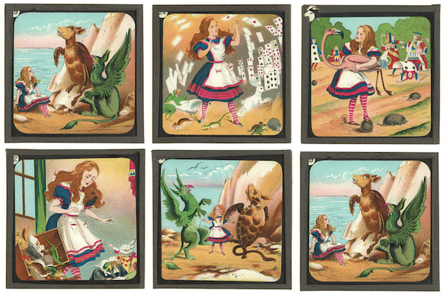 Group of all six slides, From Lantern slides of scenes from Alice's adventures in Wonderland [London : W. Butcher & Sons, 1900-1915?], PML 352354.1-7