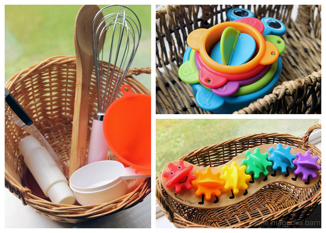 Kitchen tools and toys in a basket